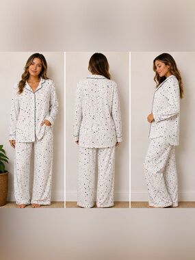 Zara Cream Star-Print Pajama Set with Black Piping
